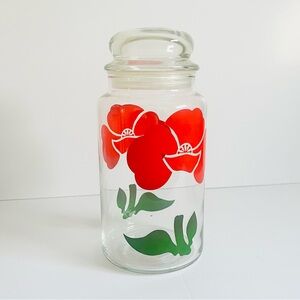 Vintage Anchor Hocking Glass Canister Red Poppy Floral with Lid